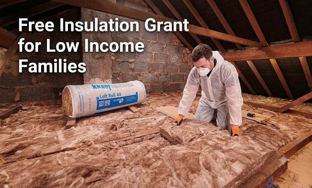 Worker installing loft roll insulation under a Free Insulation Grant for Low Income Families program.