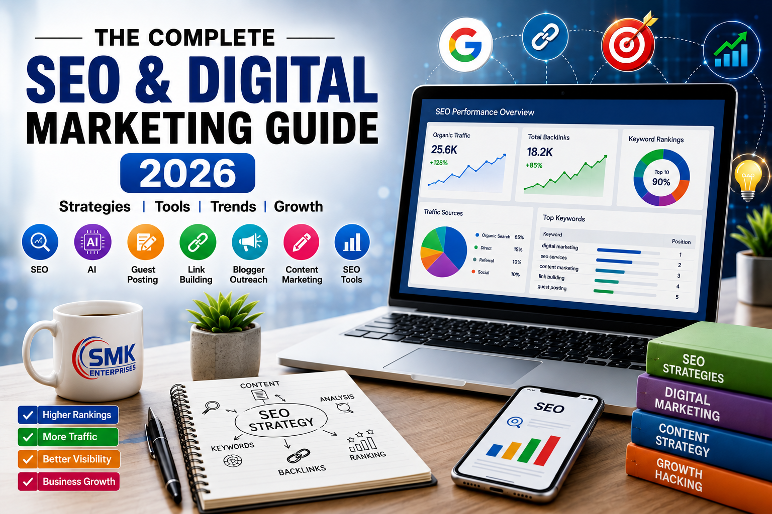SEO & Digital Marketing Guide 2026 featuring AI, Guest Posting, Link Building, Blogger Outreach, Content Marketing, and SEO Tools.