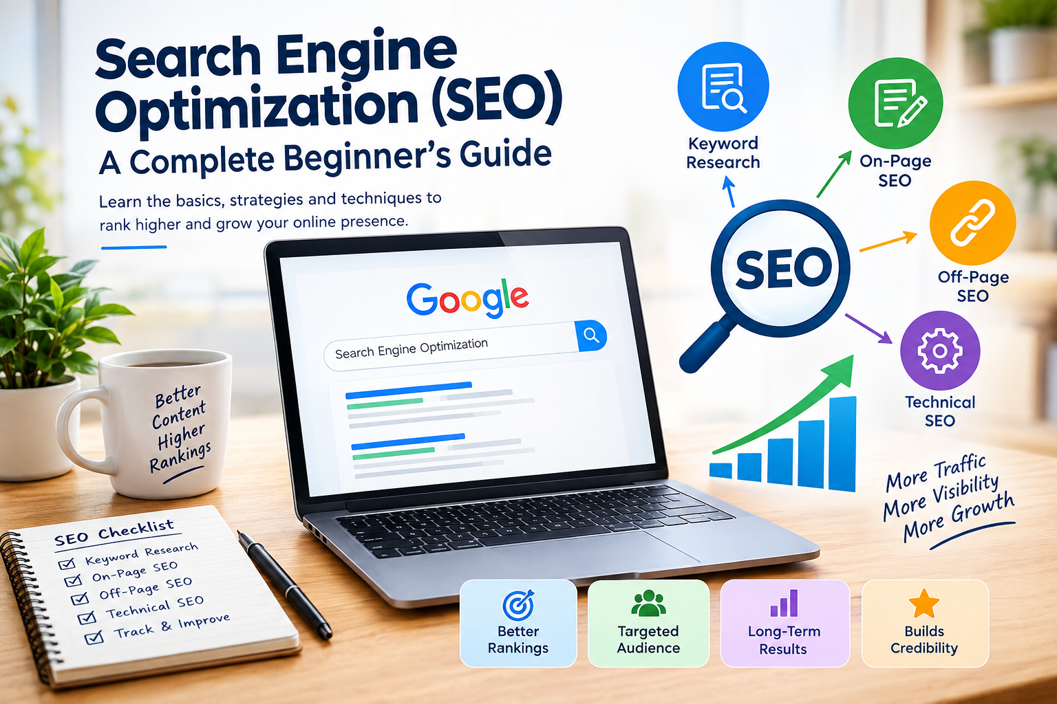 Search Engine Optimization SEO guide with keyword research, on-page SEO, off-page SEO and technical SEO